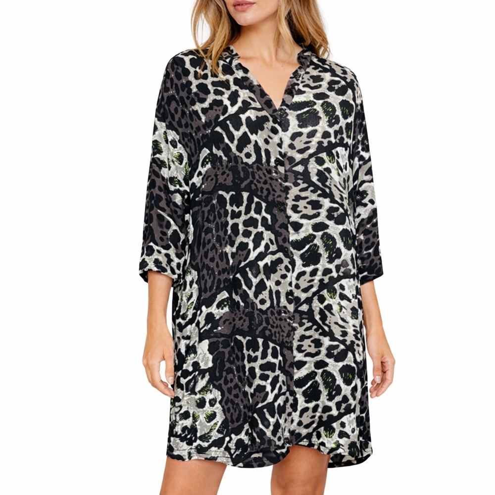 Masai L Lagenlook Oversized Tunic Dress Abstract Animal Print Button Front Black